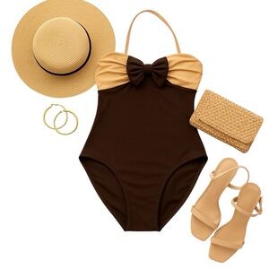 Sirena Vintage Black Nude Bow One Piece Swimsuit Size 14 Retro Glam Classic Fit